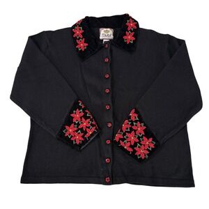 VTG TIARA INTERNATIONAL Black‎ Poinsettia Embroidered Xmas Sweater Cardigan XL